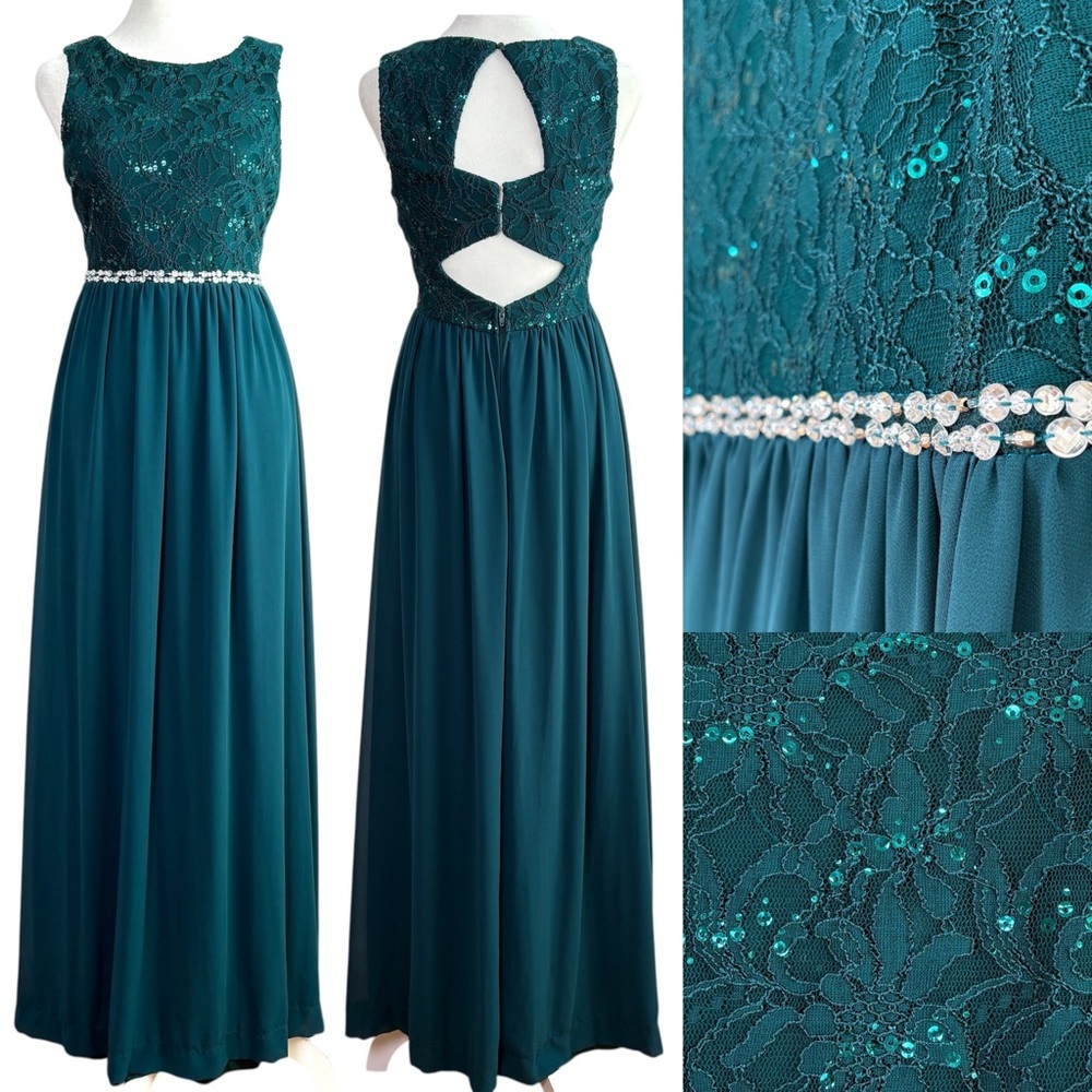 Speechless Teal Lace & Chiffon Prom Dress with Crystal Waist